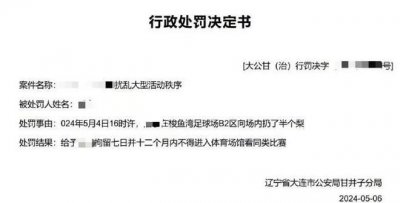 ​在大连vs广州时往场内扔半个梨，一球迷被拘留7日&禁观赛一年